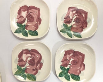 Vintage Set of 4 Red Wing 7 1/4” Rounded Edge Square Lexington Rose Salad Plates mid century MCM ceramic pottery Nice Condition