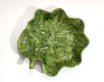 Vintage Majolica Cabbageware Green Glazed Ceramic Leaf Serving Dish Bowl 10 1/2” heavy 2 lbs