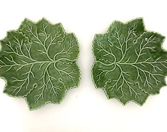 Pair of Vintage Olfaire Portugal Majolica Ceramic Pottery Green Cabbage Ware 10" x 19” Plates or Shallow Serving Bowls Dishes