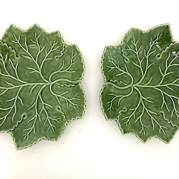 Pair of Vintage Olfaire Portugal Majolica Ceramic Pottery Green Cabbage Ware 10" x 19” Plates or Shallow Serving Bowls Dishes