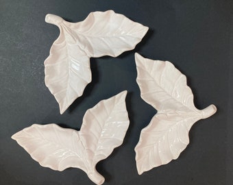 Bordallo Pinheiro Portugal Vintage Ceramic Pottery Majolica White Leaves Two Leaf Trinket Ring or Nut Dish Tray SET of 3