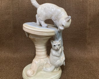 Vintage Porcelain Cats On Table Hanging From Table Runner 7 1/4” Tall Figurine