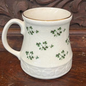 Vintage Carrigaline Pottery Cork Ireland Mug in Ivory White Ceramic with Shamrocks, gold accents and lots of glaze crazing