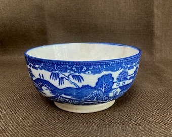 Antique Flow Blue Bowl Blue Willow Japan as found crazing and hairlines