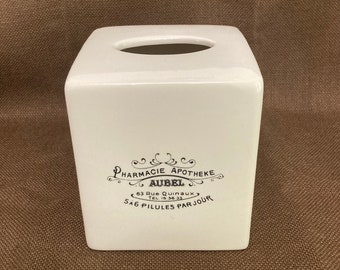 Vintage White Ceramic French Pharmacie Apotheke AUBEL Tissue Box Cover, Pottery Barn Porcelain Tissue Box Cover