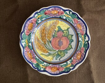 Vintage Greek Pottery Hand Painted Pomegranate Platter Plate Wall Decor Greece 9 1/2”