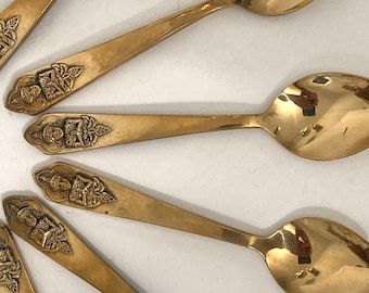 Vintage Set of 6 Brass or Bronze Buddha 4 7/8” Demitasse Spoons