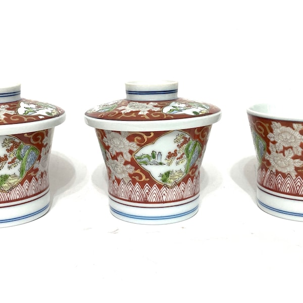 Vintage Japanese Amari Style Porcelain Rice Bowls 3 Bowls 2 Lids As Is Floral and Landscape Pattern Ceramic