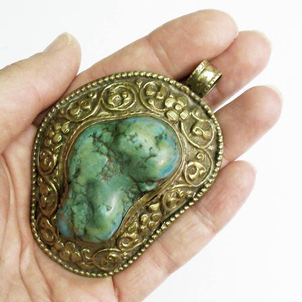 Huge Turquoise and Brass Pendant repousse Tibet Tibetan Nepalese gorgeous Statement Piece