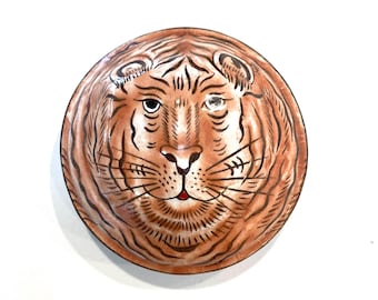 Vintage Enameled Handpainted Tiger Brass Small Coin Pill Trinket Ring Box