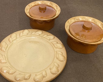 Vintage Brown and Tan Pottery Stoneware Set of 2 Covered Bowls and 1 Plate