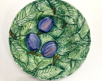 Vintage Majolica 8 1/8” Leaves and Plums Ceramic Plate Made In Italy