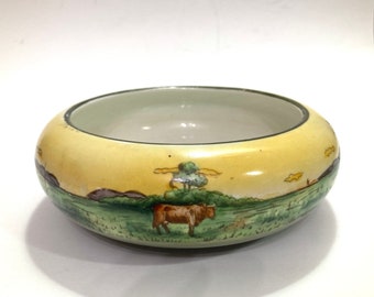 Antique Haynes Ware Cloverdale Hand Painted Shallow Ceramic Bowl with Cow in a Countryside Landscape early 1900’s