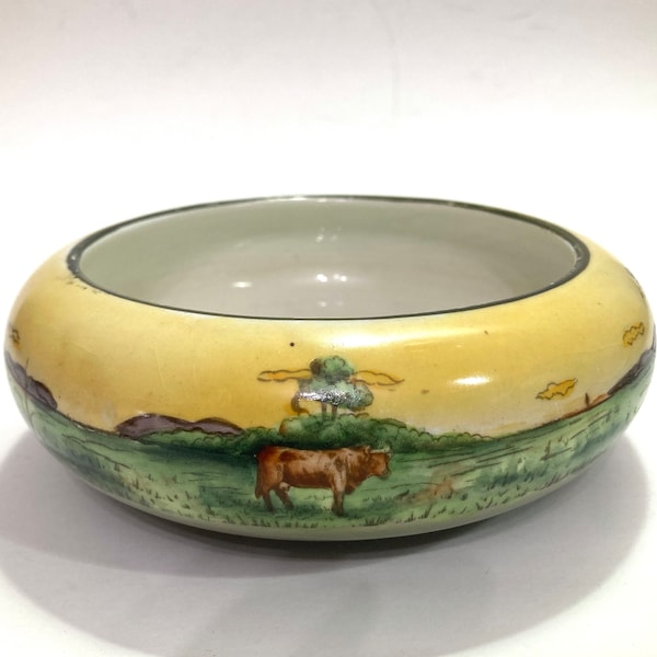 Antique Haynes Ware Cloverdale Hand Painted Shallow Ceramic Bowl with Cow in a Countryside Landscape early 1900’s