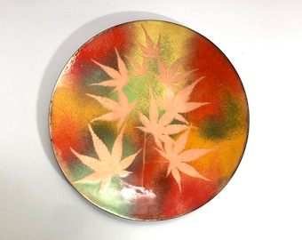 Vintage Mid Century Enamel on Copper 7” Plate Dish Japanese Maple Leaf artist signed Freddie