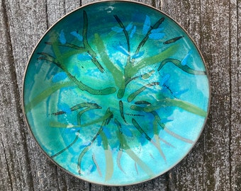 Estate Mid Century BEAUTIFUL Teal Blue Green Vintage Enamel Copper Plate Dish 7” enameled trinket boudoir dish