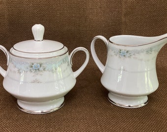 Vintage Porcelain Noritake Brookfield 3193 Cream and Sugar white with blue floral pattern, silver trim, excellent