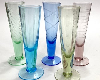 Vintage Set of 5 Etched Colored Art Glass Deco Style Shot or Cordial Glasses each one different 5” tall