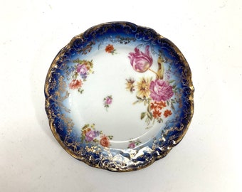 Antique Cobalt Blue and Floral With Gold Edge 6 1/8” Plate by Victoria Carlsbad Austria Germany 249