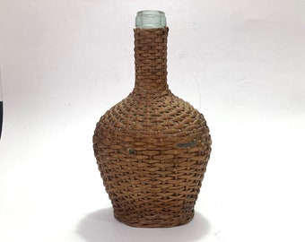 Vintage Wicker Wrapped Demijohn - Wicker Wrapped 8 1/2” Bottle, Some Wicker Damage, Great French Country Vase