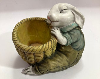 The Cutest Vintage Resin Sleepy Bunny with Basket Bowl 5 1/4” tall Figurine