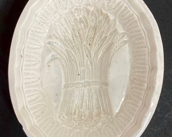 Antique White Ironstone Pottery Food Mold with Detailed Wheat Sheaf Pattern