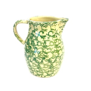 Vintage Robinson Ransbottom 1 Quart Spongeware Ceramic Pitcher in Green & Cream, RRP Pottery Roseville Ohio