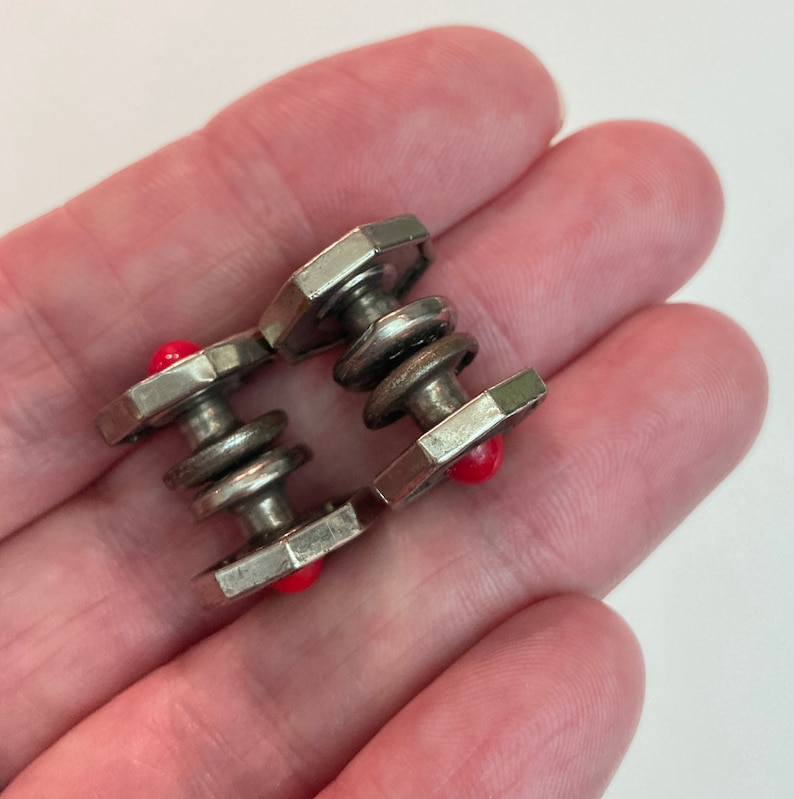Vintage Cufflinks Pair Silver Metal with Black Enamel and Red Stones Cuff Links Formalwear