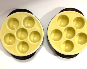 Pair of Vintage Ceramic Escargot Snail Serving Dishes Plates heavy brown and yellow Mid Century READ DESCRIPTION