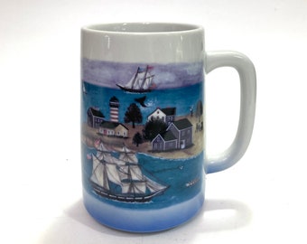 Vintage Otagiri Japan Large Ceramic Mug With Nautical Coastal Sailboat Ship Schooner Design by Emily Hollinger