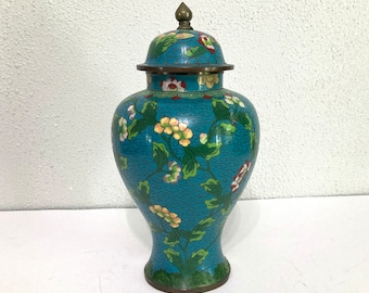 Antique Chinese Cloisone Lidded 8 3/4” Jar  Aqua Blue and Floral lovely but has some issues