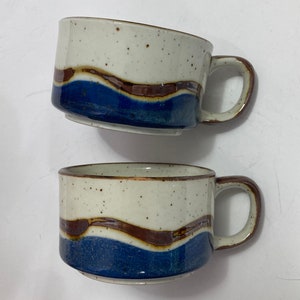 Pair of Vintage Speckled Stoneware Ceramic Soup Mugs Likely Otagiri 1970s Mid Century blue brown off white