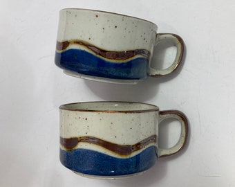 Pair of Vintage Speckled Stoneware Ceramic Soup Mugs Likely Otagiri 1970s Mid Century blue brown off white