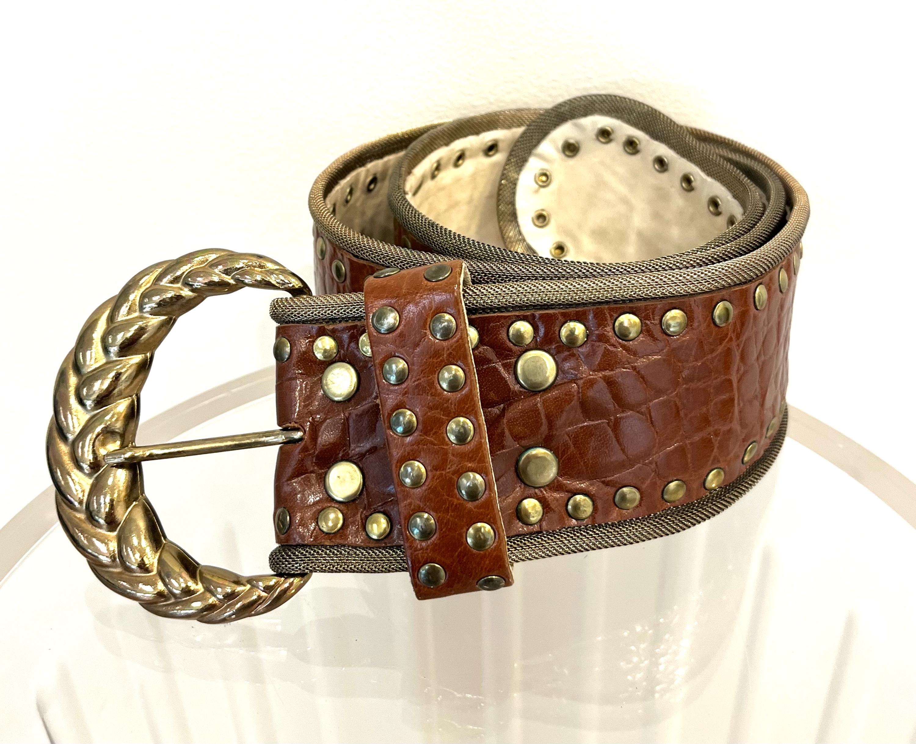 Vintage Sand Castle New York Green Metallic Leather Studded Embellished Belt Awesome Vintage SAND CASTLE Mesh With Stones Copper Tone  main image 3