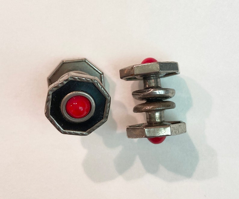 Vintage Cufflinks Pair Silver Metal with Black Enamel and Red Stones Cuff Links Formalwear