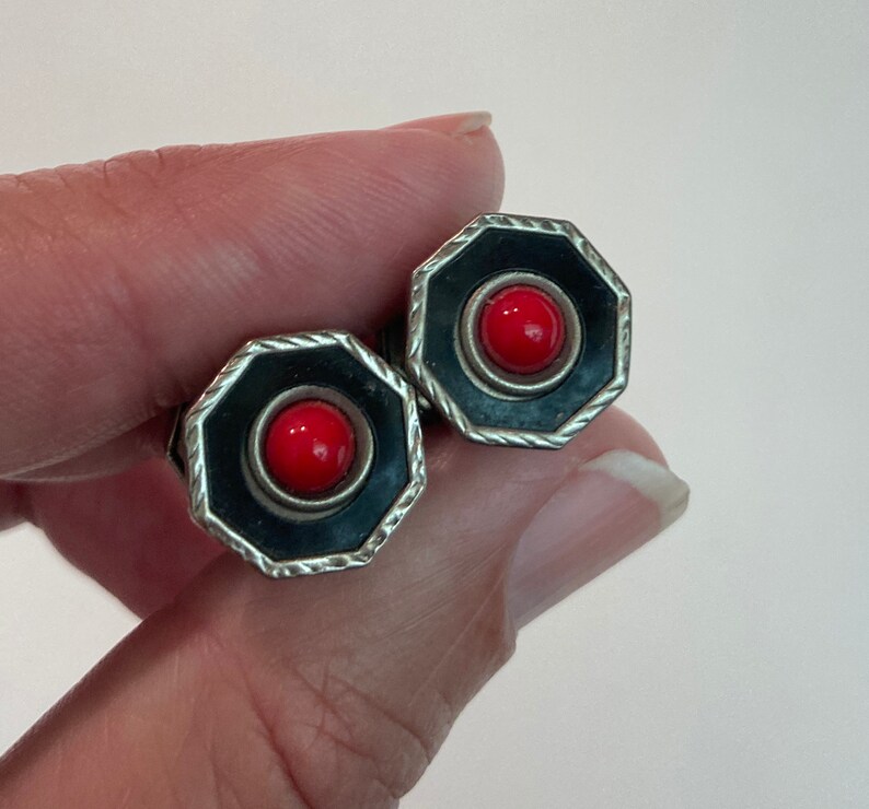 Vintage Cufflinks Pair Silver Metal with Black Enamel and Red Stones Cuff Links Formalwear