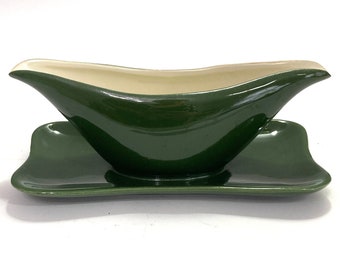 Vintage 1940s Red Wing Blossom Time Green Gravy Boat with Attached Underplate mid century modern ceramic MCM