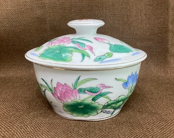 Vintage Larger Size Chinese Export Botanical Lidded Soup or Rice Bowl Heavy White Porcelain with Birds and Flowers