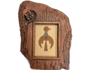 Vintage Native American Navajo Sand Painting Eagle signed L Price in Faux Wood Owl Frame with Initials GEL