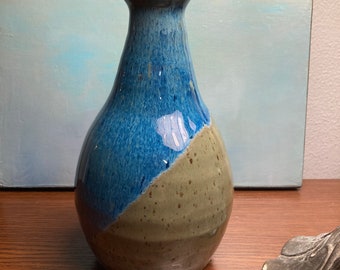 Vintage Signed 7 3/8” Studio Art Pottery Potbellied Ceramic Vase sage green and blue heavy