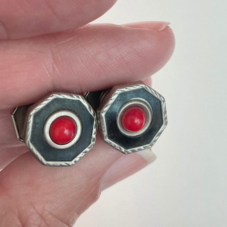 Vintage Cufflinks Pair Silver Metal with Black Enamel and Red Stones Cuff Links Formalwear