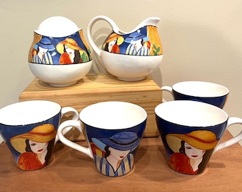 Vintage 1990’s Sango Cafe Paris Furio Collection Ceramic Cream, Sugar and 4 Tea Cups in Good Condition