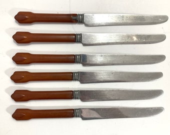 Set of 6 Vintage Bakelite Handle Stainless Steel Knives 5 in good shape 1 is damaged