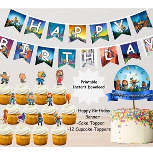 Printable Dog Man Party Decorations Bundle, Dog man cupcake toppers, Dog man cake topper, Dog man happy birthday banner, Instant Download