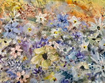 Painting flowers at sunset, Original "Summer's End" rectangle canvas.