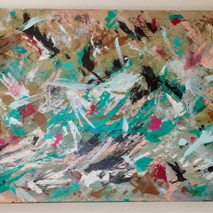 Expression, Acyrlic, horizontal painting, signed, original, abstract, Teal and modern colors with sparkle and day glow. 15&#39; x 30&quot;