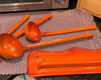 Five Piece Orange Farm Enamel Kitchen Tool Set Dippers Strainer Wall Hanger. FREE Domestic Shipping