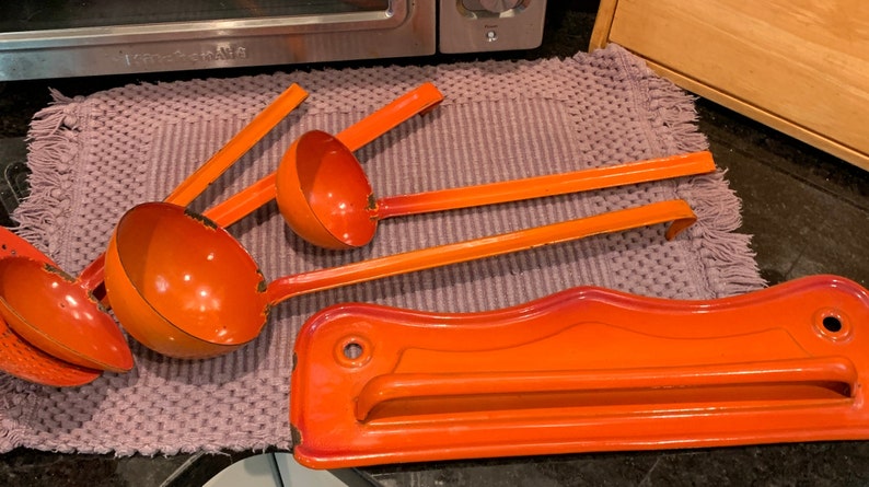 Five Piece Orange Farm Enamel Kitchen Tool Set Dippers Strainer Wall Hanger. FREE Domestic Shipping image 1