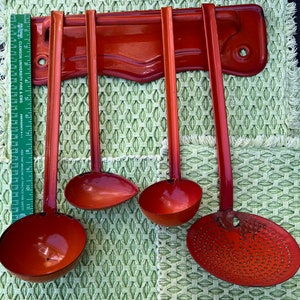 Five Piece Orange Farm Enamel Kitchen Tool Set Dippers Strainer Wall Hanger. FREE Domestic Shipping image 10