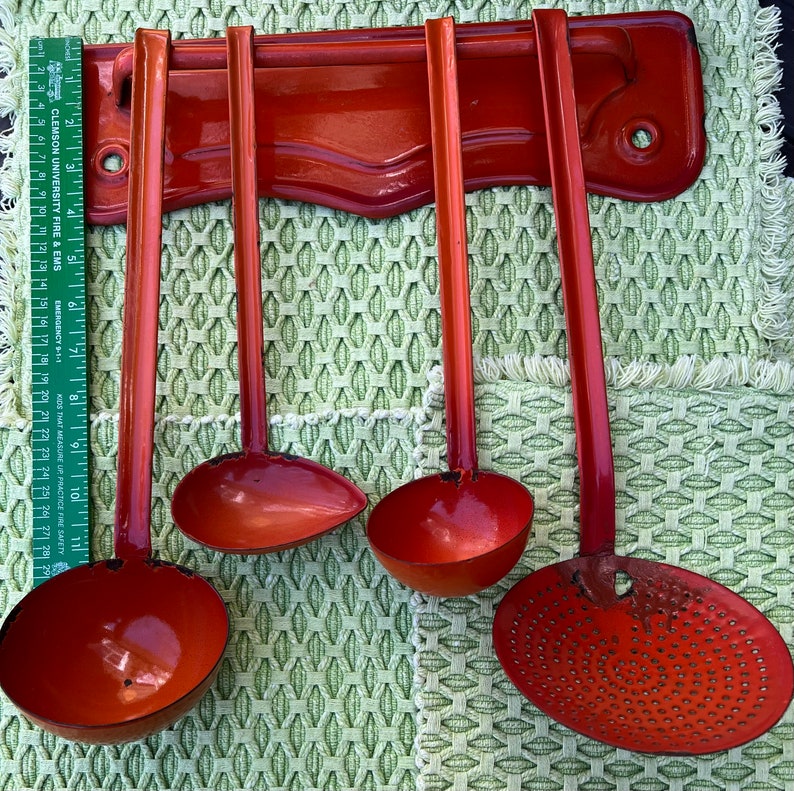 Five Piece Orange Farm Enamel Kitchen Tool Set Dippers Strainer Wall Hanger. FREE Domestic Shipping image 10